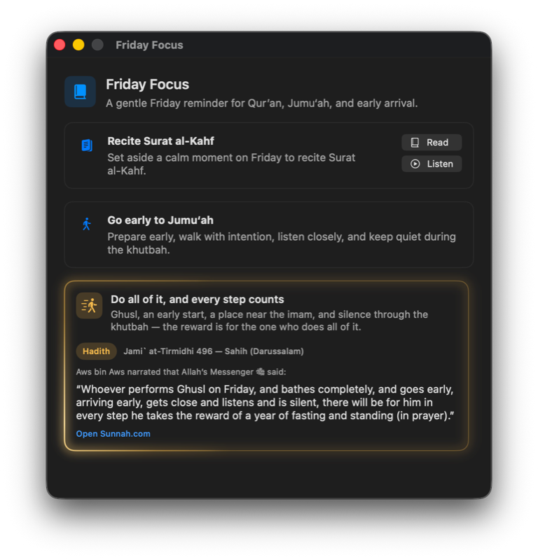 The Friday Focus window: Recite Surat al-Kahf with Read and Listen buttons, Go early to Jumu'ah, and the hadith from Jami' at-Tirmidhi with its grading