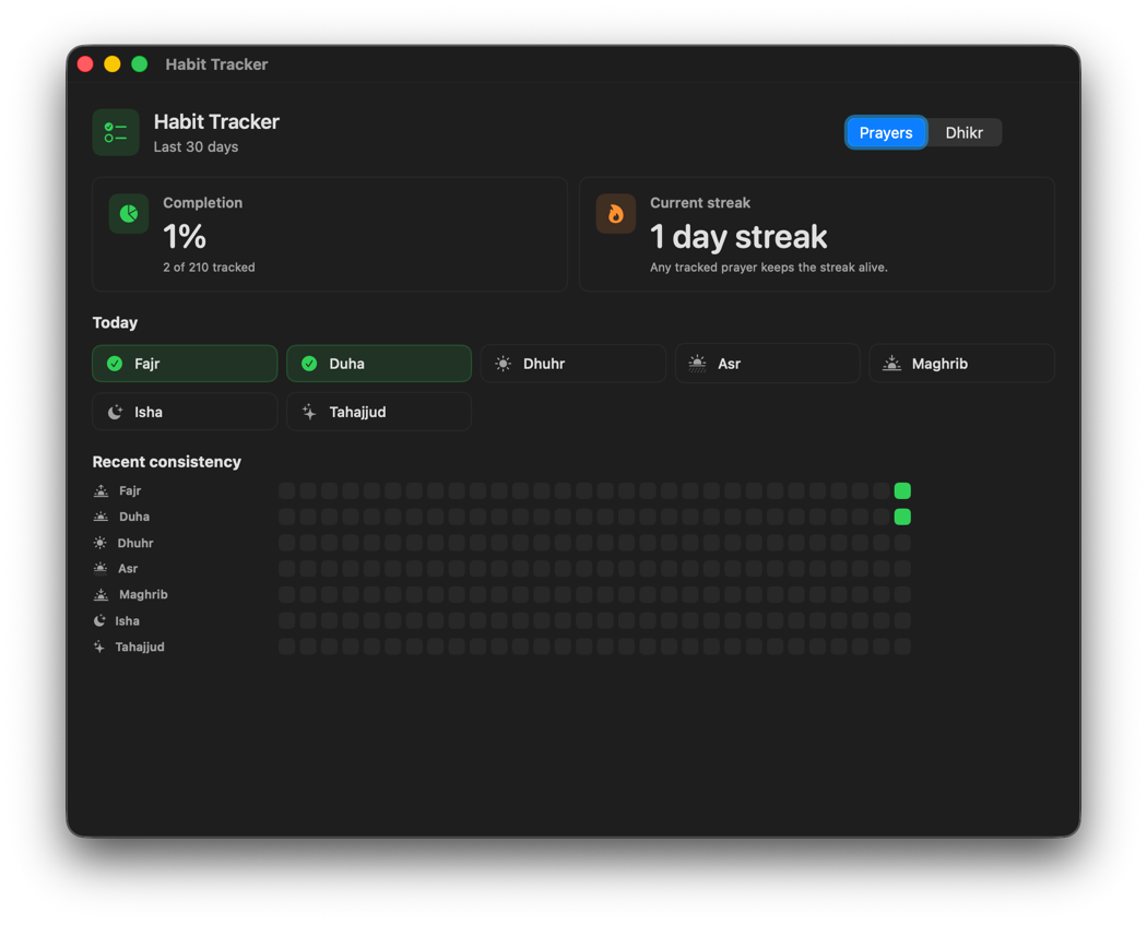 Iqamah Pro prayer habit tracker with streak and consistency grid