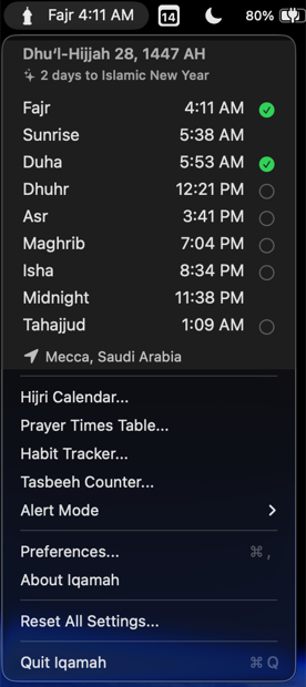 Iqamah menu bar dropdown with prayer times and Pro tools