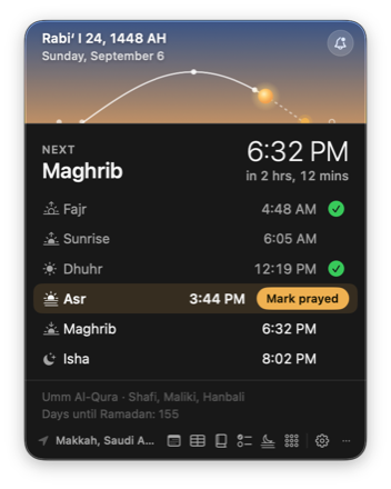The Horizon face: the golden-hour sky over Makkah, the sun on its arc, Maghrib next