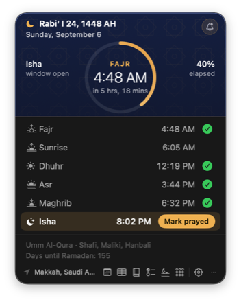 The Lantern face: navy with a gold lattice and a ring filling as Isha's window runs toward Fajr