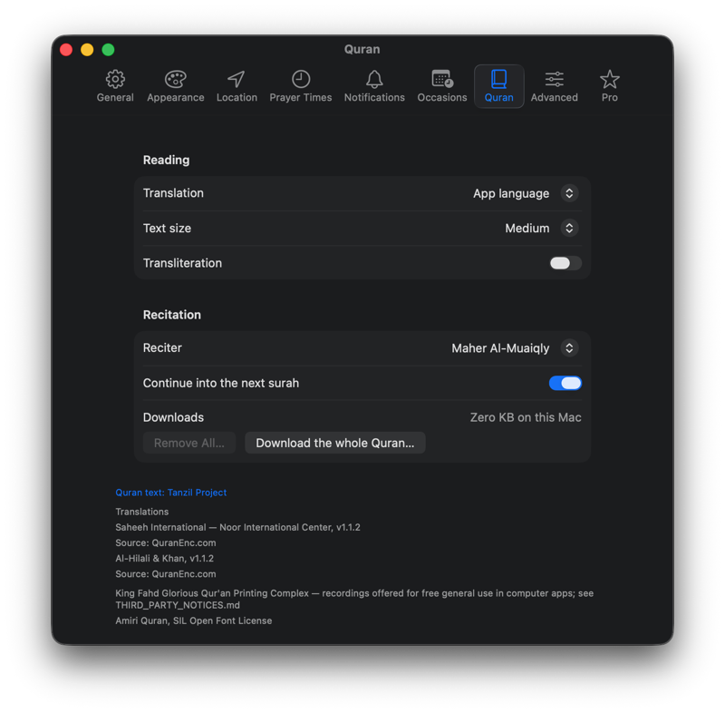 Settings › Quran: translation, text size and the transliteration switch, the reciter menu, Continue into the next surah, and the Download the whole Quran button with the space it uses