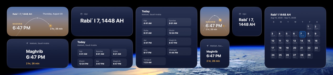 Nine Iqamah widgets on a desktop showing Makkah: the Sky widget's golden-hour arc in medium and small, the Hijri date, today's prayer times, and a full Hijri month calendar, all in navy and gold