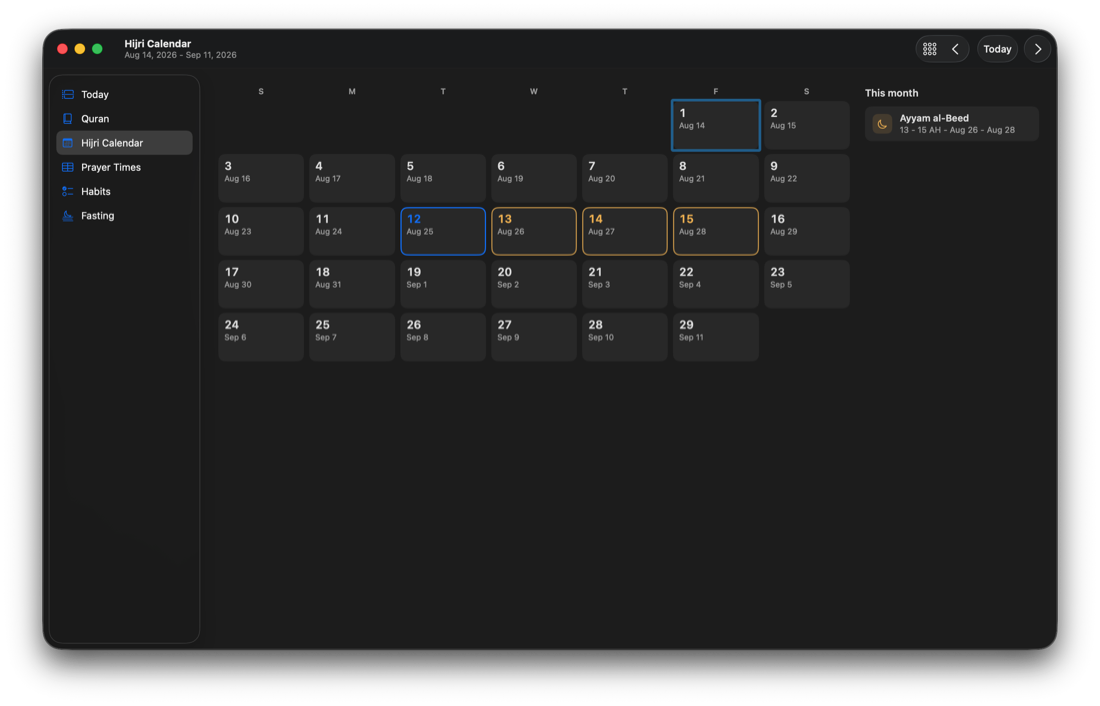 The Hijri Calendar section: the month of Rabi al-Awwal with the white days ringed in gold and an events rail