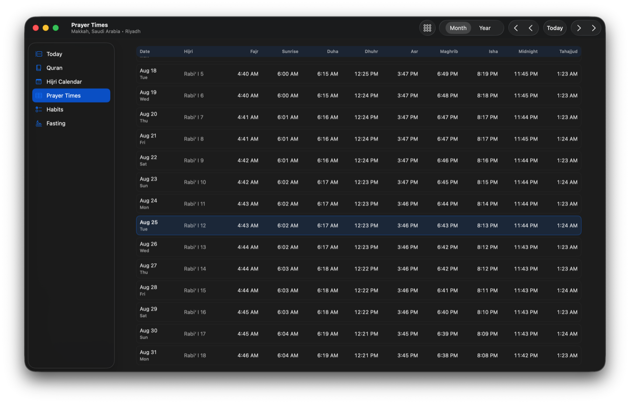 The Prayer Times section: a full month of times from Fajr to Tahajjud with today's row highlighted