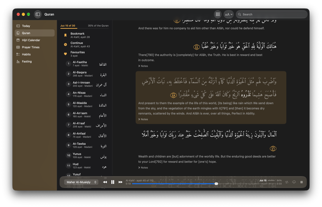 Al-Kahf mid-recitation with the Liquid Glass tinted Gold at Vivid: the sidebar a warm gold with its icons in the colour of their labels, a thin line where it meets the surah list, and the floating player only lightly tinted, its Juz 15 meter drawn in the text colour