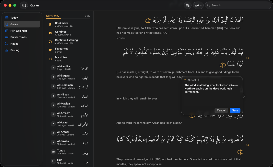 The note editor open beside Al-Kahf ayah 3, a small popover with Cancel and Save, while gold pencils mark ayat 2 and 5 as already noted and My Notes shows 4 ayat in the sidebar